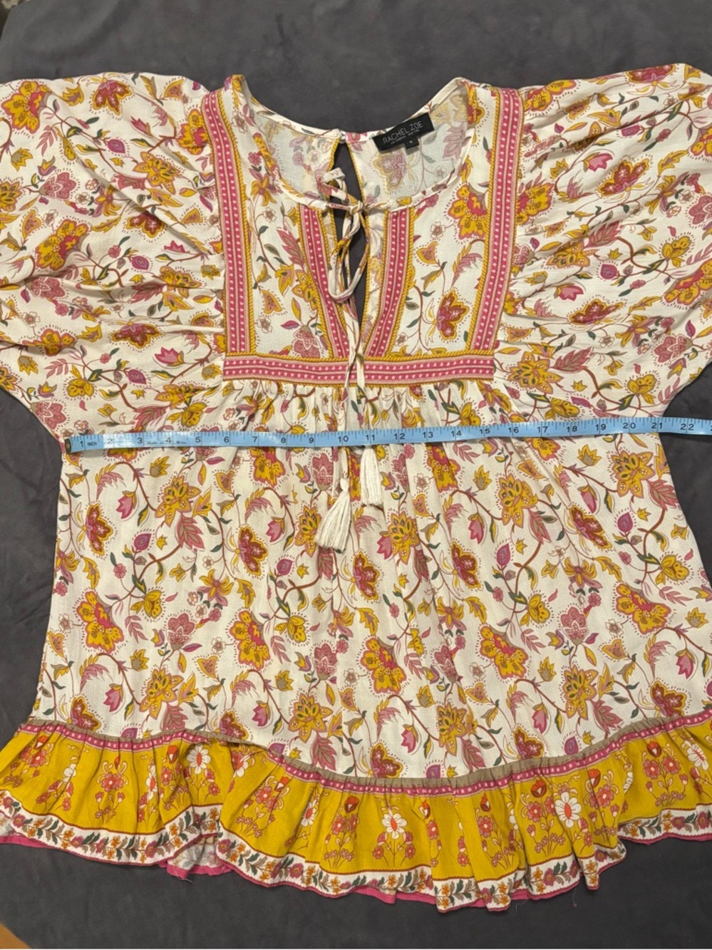 Rachel Zoe Boho Floral Peasant Blouse Tassel Tie Flowy Top S - Picture 8 of 9